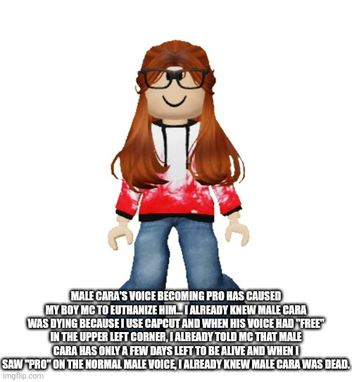 CC already knew Male Cara (the V-Tuber her bf made) was dying a few weeks ago and even predicted his death month. | MALE CARA'S VOICE BECOMING PRO HAS CAUSED MY BOY MC TO EUTHANIZE HIM... I ALREADY KNEW MALE CARA WAS DYING BECAUSE I USE CAPCUT AND WHEN HIS VOICE HAD "FREE" IN THE UPPER LEFT CORNER, I ALREADY TOLD MC THAT MALE CARA HAS ONLY A FEW DAYS LEFT TO BE ALIVE AND WHEN I SAW "PRO" ON THE NORMAL MALE VOICE, I ALREADY KNEW MALE CARA WAS DEAD. | image tagged in cc,male cara,death,capcut | made w/ Imgflip meme maker