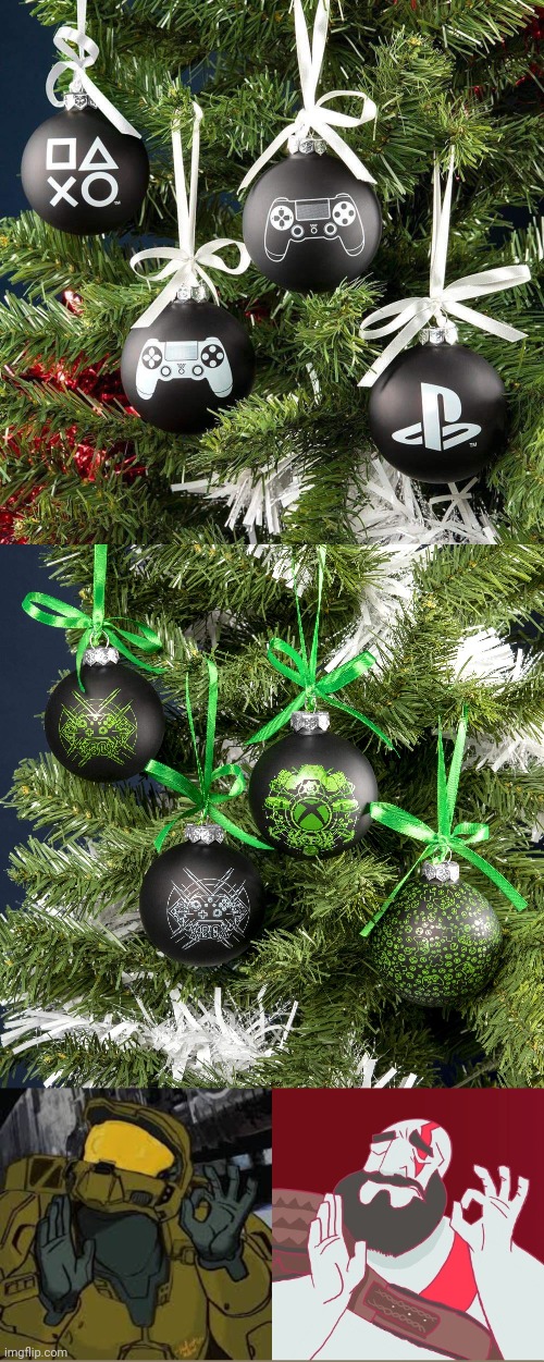 WHICH SIDE DO YOU CHOOSE? | image tagged in perfect,playstation,xbox,christmas tree,master chief,kratos | made w/ Imgflip meme maker