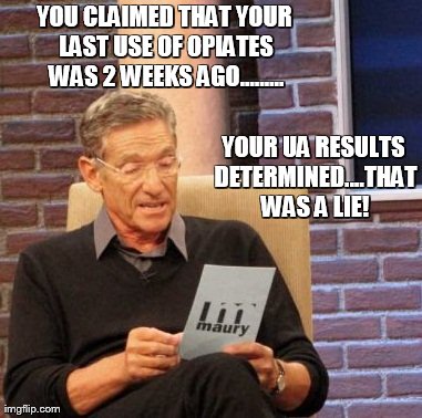 Maury Lie Detector Meme | YOU CLAIMED THAT YOUR LAST USE OF OPIATES WAS 2 WEEKS AGO......... YOUR UA RESULTS DETERMINED....THAT WAS A LIE! | image tagged in memes,maury lie detector | made w/ Imgflip meme maker