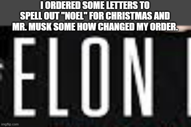 memes by Brad - I ordered letters for NOEL. They sent me letter for Mr. Musk. | I ORDERED SOME LETTERS TO SPELL OUT "NOEL" FOR CHRISTMAS AND MR. MUSK SOME HOW CHANGED MY ORDER. | image tagged in fun,funny,christmas,letters,play on words,santa claus | made w/ Imgflip meme maker