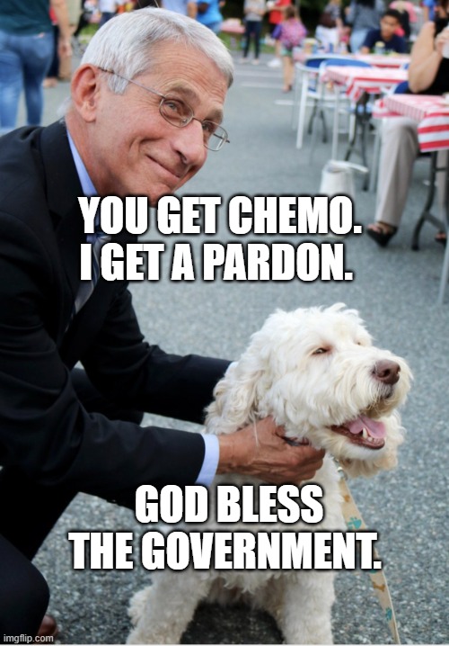 Fauci and his fetish | YOU GET CHEMO. I GET A PARDON. GOD BLESS THE GOVERNMENT. | image tagged in fauci and his fetish | made w/ Imgflip meme maker