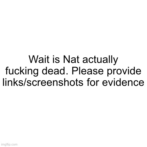 Blank Transparent Square Meme | Wait is Nat actually fucking dead. Please provide links/screenshots for evidence | image tagged in memes,blank transparent square | made w/ Imgflip meme maker