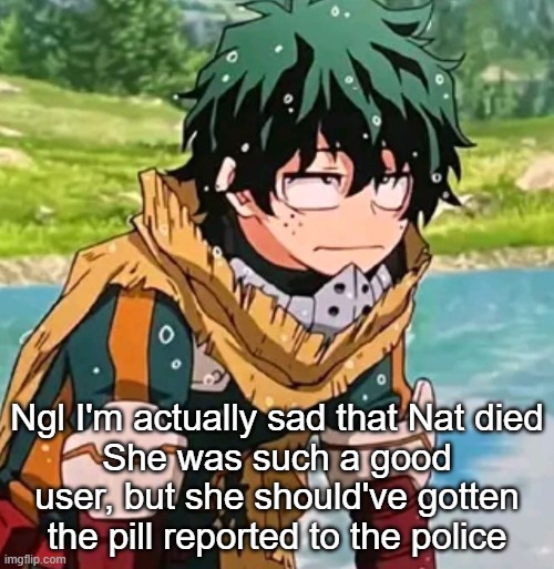 To the rightful people trained to take care of those kinds of shit | Ngl I'm actually sad that Nat died
She was such a good user, but she should've gotten the pill reported to the police | image tagged in deku | made w/ Imgflip meme maker