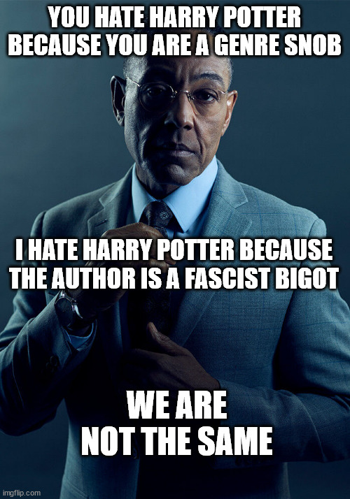 Harry Potter Haters - Do Not Unite! | YOU HATE HARRY POTTER BECAUSE YOU ARE A GENRE SNOB; I HATE HARRY POTTER BECAUSE THE AUTHOR IS A FASCIST BIGOT; WE ARE NOT THE SAME | image tagged in gus fring we are not the same | made w/ Imgflip meme maker