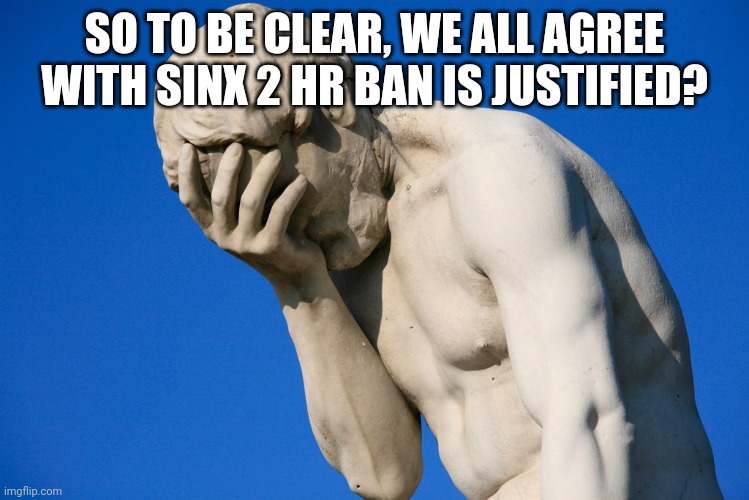 Embarrassed statue  | SO TO BE CLEAR, WE ALL AGREE WITH SINX 2 HR BAN IS JUSTIFIED? | image tagged in embarrassed statue | made w/ Imgflip meme maker