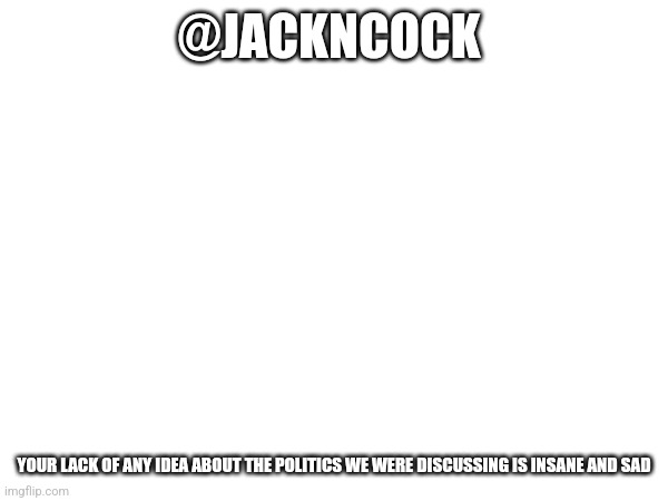 Little snowflakes can't take insults | @JACKNCOCK; YOUR LACK OF ANY IDEA ABOUT THE POLITICS WE WERE DISCUSSING IS INSANE AND SAD | made w/ Imgflip meme maker