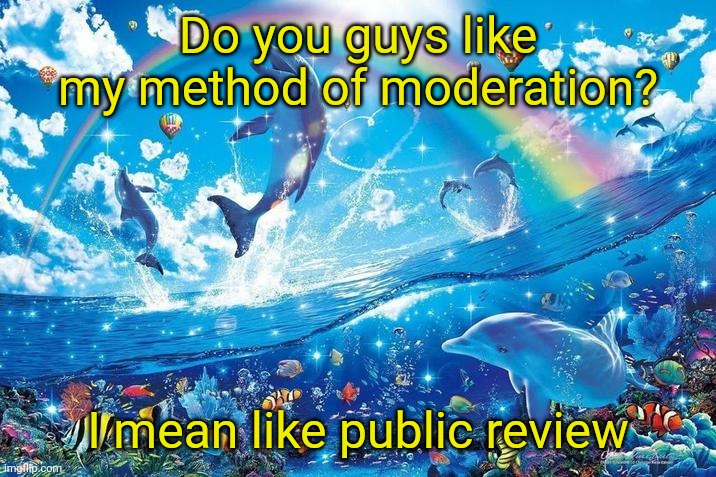 I think it's just and fair | Do you guys like my method of moderation? I mean like public review | image tagged in happy dolphin rainbow | made w/ Imgflip meme maker