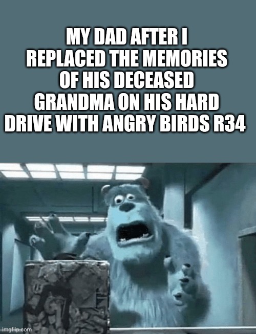 Sully finds the cube | MY DAD AFTER I REPLACED THE MEMORIES OF HIS DECEASED GRANDMA ON HIS HARD DRIVE WITH ANGRY BIRDS R34 | image tagged in sully finds the cube | made w/ Imgflip meme maker