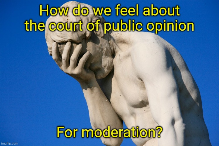 Embarrassed statue  | How do we feel about the court of public opinion; For moderation? | image tagged in embarrassed statue | made w/ Imgflip meme maker