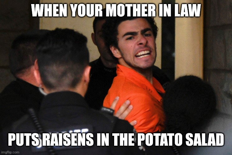 It's that time of year | WHEN YOUR MOTHER IN LAW; PUTS RAISENS IN THE POTATO SALAD | image tagged in luigi mangione | made w/ Imgflip meme maker