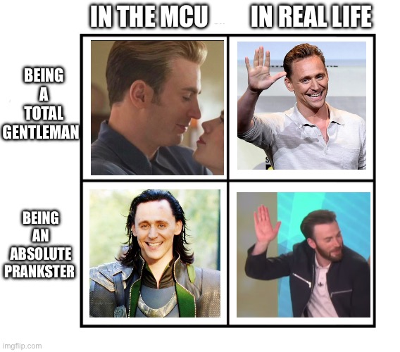 I didn’t realize how similar my pictures of Tom and Chris were until I put them together haha | IN THE MCU         IN REAL LIFE; BEING A TOTAL GENTLEMAN; BEING AN ABSOLUTE PRANKSTER | image tagged in looks like a cinnamon roll,marvel | made w/ Imgflip meme maker