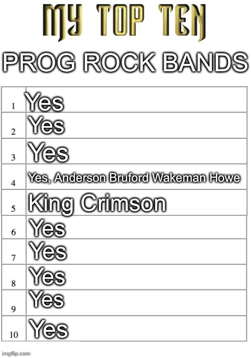 Top ten list better | PROG ROCK BANDS; Yes; Yes; Yes; Yes, Anderson Bruford Wakeman Howe; King Crimson; Yes; Yes; Yes; Yes; Yes | image tagged in top ten list better | made w/ Imgflip meme maker