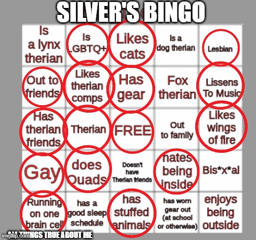 Therian bingo | SILVER'S BINGO; ALL THINGS TRUE ABOUT ME | image tagged in therian bingo | made w/ Imgflip meme maker