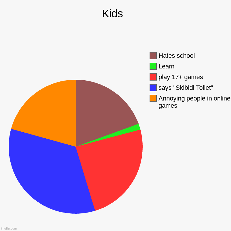 Kids these days | Kids  | Annoying people in online games, says "Skibidi Toilet", play 17+ games, Learn, Hates school | image tagged in charts,pie charts | made w/ Imgflip chart maker