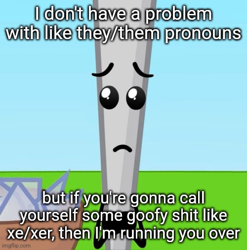 The silly | I don't have a problem with like they/them pronouns; but if you're gonna call yourself some goofy shit like xe/xer, then I'm running you over | image tagged in the silly | made w/ Imgflip meme maker