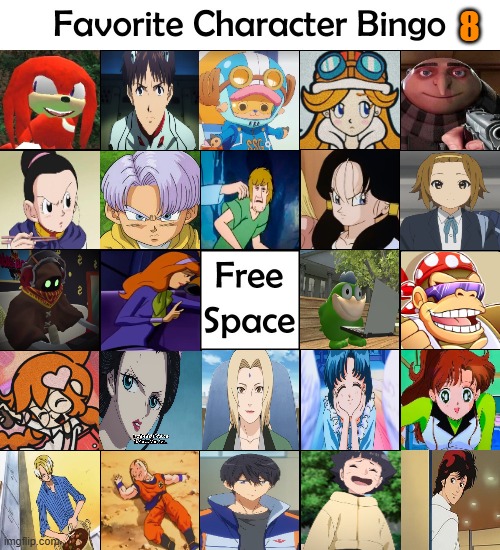 favorite character bingo 8 | 8 | image tagged in favorite character bingo,anime,movie,cartoons,videogames,bingo | made w/ Imgflip meme maker