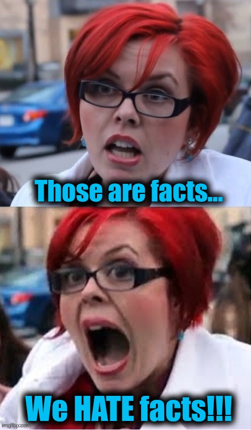 Big Red Feminist #2 | Those are facts... We HATE facts!!! | image tagged in big red feminist 2 | made w/ Imgflip meme maker