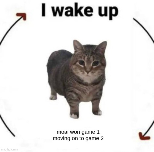 i wake up cat | moai won game 1
moving on to game 2 | image tagged in i wake up cat | made w/ Imgflip meme maker