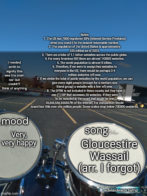 Autistic rant | Notes
1. The US has 7000 registered ISPs (Internet Service Providers) when you round it to the nearest reasonable number.
2. The population of the United States is approximately 335 million as of 2023.
3. There are a total of 1.1 billion websites across the public globe.
4. For every American ISP, there are almost 143000 websites.
5. The world population is almost 8 billion.
6. Therefore, if we were to assign two websites to everyone in the US, there would be perhaps 3-4 million websites left over.
7. If we divide the total of public websites by the world population, we can give every eight people (enough for a medium size friend group) a website with a few left over.
8. The DPRK is not included in these counts; but they have one (1) ISP that accesses 30 websites. If they were to be included in the count that would be one 36,666,666.666667th of the Internet. For comparison Rhode Island has little over one million people. Some states drop below 700000 residents. Very, very happy; Gloucestire Wassail (arr. I forgot) | image tagged in adelaideaux temp mk iv | made w/ Imgflip meme maker