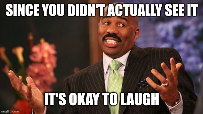 Steve Harvey Meme | SINCE YOU DIDN'T ACTUALLY SEE IT IT'S OKAY TO LAUGH | image tagged in memes,steve harvey | made w/ Imgflip meme maker