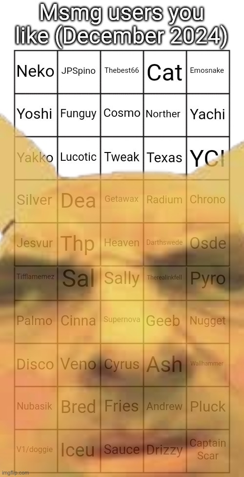 Can’t remember half of yall with the name changes and such | image tagged in msmg users you like december 2024 | made w/ Imgflip meme maker