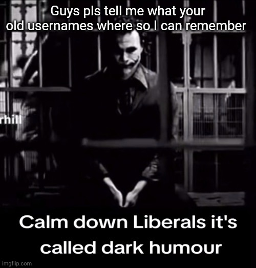 Calm down Liberals | Guys pls tell me what your old usernames where so I can remember | image tagged in calm down liberals | made w/ Imgflip meme maker