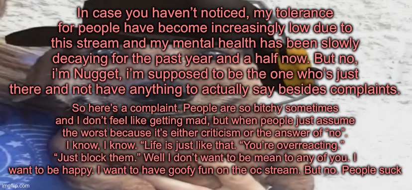 chucklenuts | In case you haven’t noticed, my tolerance for people have become increasingly low due to this stream and my mental health has been slowly decaying for the past year and a half now. But no, i’m Nugget, i’m supposed to be the one who’s just there and not have anything to actually say besides complaints. So here’s a complaint. People are so bitchy sometimes and I don’t feel like getting mad, but when people just assume the worst because it’s either criticism or the answer of “no”. I know, I know. “Life is just like that. “You’re overreacting.” “Just block them.” Well I don’t want to be mean to any of you. I want to be happy. I want to have goofy fun on the oc stream. But no. People suck | image tagged in chucklenuts | made w/ Imgflip meme maker