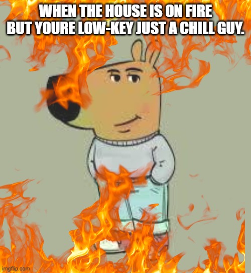 just a chill guy fr | WHEN THE HOUSE IS ON FIRE BUT YOURE LOW-KEY JUST A CHILL GUY. | image tagged in chill | made w/ Imgflip meme maker