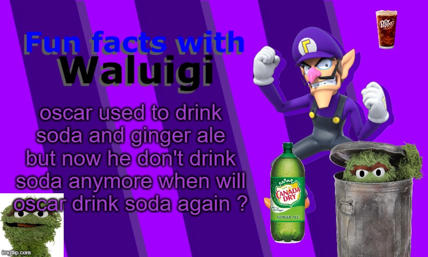 fun facts with waluigi | oscar used to drink soda and ginger ale but now he don't drink soda anymore when will oscar drink soda again ? | image tagged in fun facts with waluigi,oscar the grouch,soda,ginger ale,the muppets,drinking | made w/ Imgflip meme maker