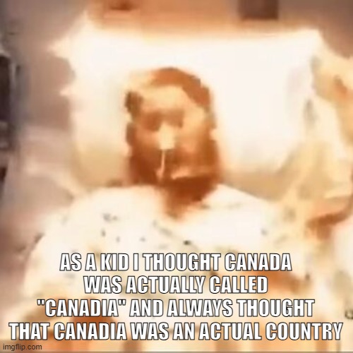 Markiplier on fire | AS A KID I THOUGHT CANADA WAS ACTUALLY CALLED "CANADIA" AND ALWAYS THOUGHT THAT CANADIA WAS AN ACTUAL COUNTRY | image tagged in markiplier on fire | made w/ Imgflip meme maker