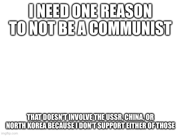 I NEED ONE REASON TO NOT BE A COMMUNIST; THAT DOESN'T INVOLVE THE USSR, CHINA, OR NORTH KOREA BECAUSE I DON'T SUPPORT EITHER OF THOSE | made w/ Imgflip meme maker