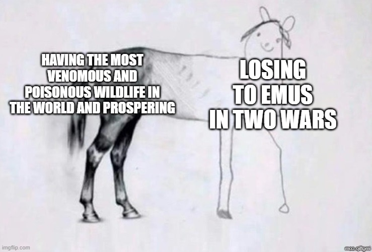 Australian wildlife | HAVING THE MOST VENOMOUS AND POISONOUS WILDLIFE IN THE WORLD AND PROSPERING; LOSING TO EMUS IN TWO WARS | image tagged in horse drawing | made w/ Imgflip meme maker