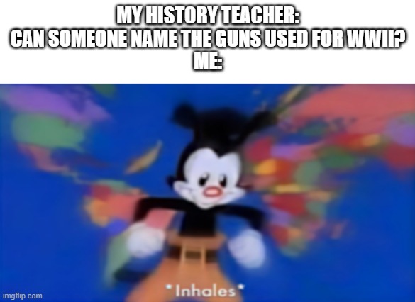 now i dont know about you, but im a gun nerd | MY HISTORY TEACHER: CAN SOMEONE NAME THE GUNS USED FOR WWII?
ME: | image tagged in yakko inhale | made w/ Imgflip meme maker