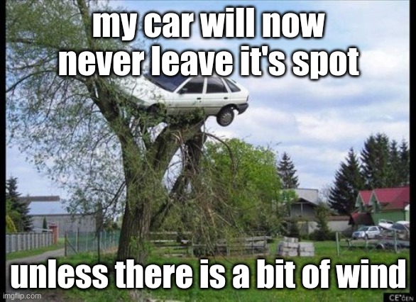 car park | my car will now never leave it's spot; unless there is a bit of wind | image tagged in memes,secure parking | made w/ Imgflip meme maker