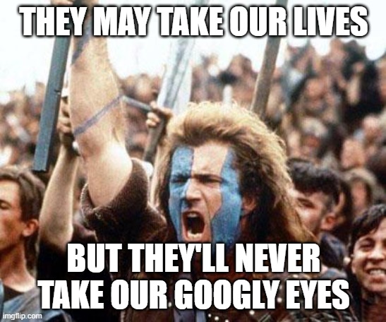 Google eyes | THEY MAY TAKE OUR LIVES; BUT THEY'LL NEVER TAKE OUR GOOGLY EYES | image tagged in braveheart freedom | made w/ Imgflip meme maker