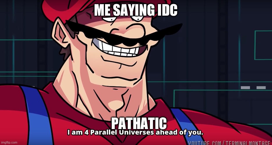 Mario I am four parallel universes ahead of you | ME SAYING IDC; PATHATIC | image tagged in mario i am four parallel universes ahead of you | made w/ Imgflip meme maker