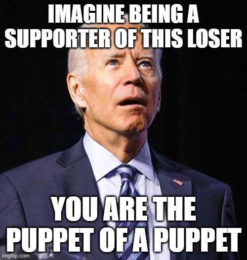 The puppet of a puppet. | IMAGINE BEING A SUPPORTER OF THIS LOSER; YOU ARE THE PUPPET OF A PUPPET | image tagged in joe biden,democrat,cringe | made w/ Imgflip meme maker