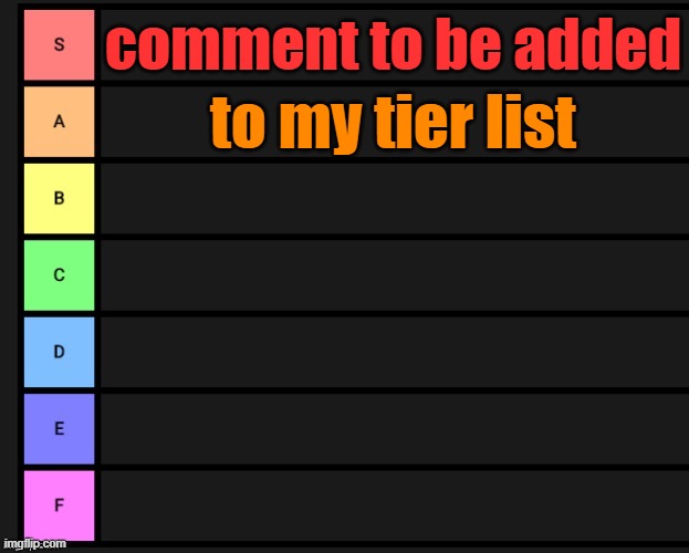 Tier List | comment to be added; to my tier list | image tagged in tier list | made w/ Imgflip meme maker