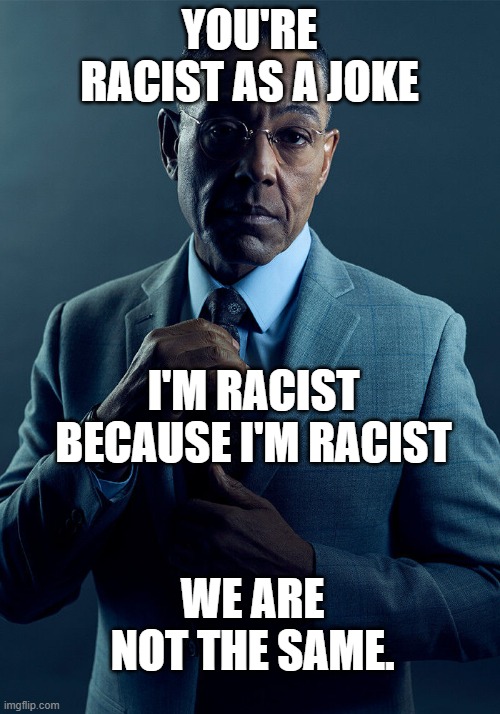 Gus Fring we are not the same | YOU'RE RACIST AS A JOKE; I'M RACIST BECAUSE I'M RACIST; WE ARE NOT THE SAME. | image tagged in gus fring we are not the same | made w/ Imgflip meme maker