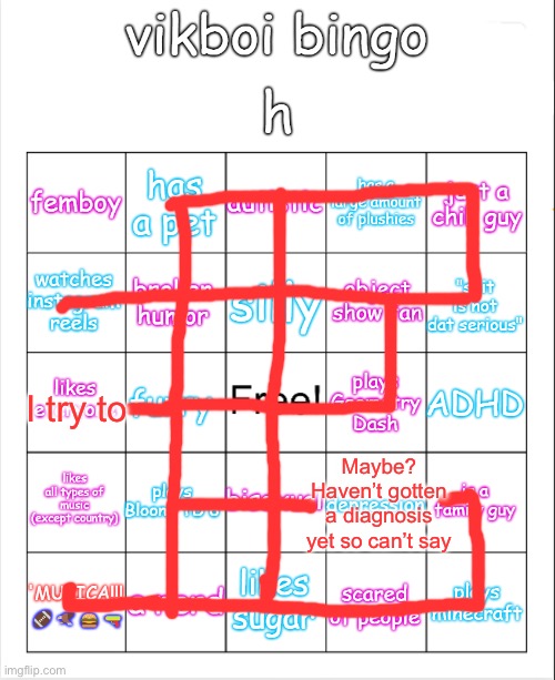 vikboi bingo | I try to; Maybe? Haven’t gotten a diagnosis yet so can’t say | image tagged in vikboi bingo | made w/ Imgflip meme maker