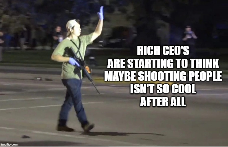 RICH CEO'S
ARE STARTING TO THINK
MAYBE SHOOTING PEOPLE
ISN'T SO COOL
AFTER ALL | image tagged in guns,ceo | made w/ Imgflip meme maker