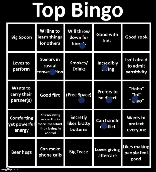 Aw piss, time to fill out the other one (honestly too, I ain't a pussy) | image tagged in top bingo | made w/ Imgflip meme maker