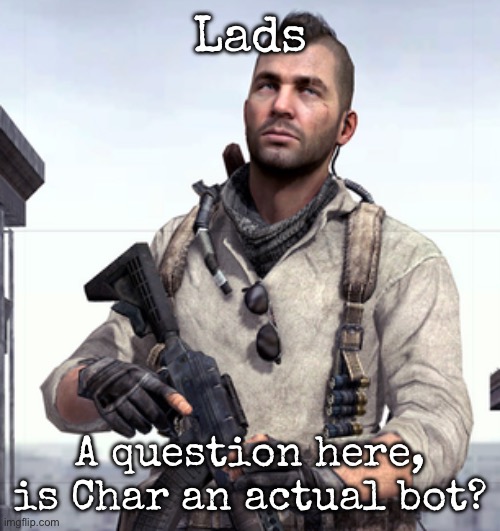 Question | Lads; A question here, is Char an actual bot? | image tagged in cod soap,msmg | made w/ Imgflip meme maker