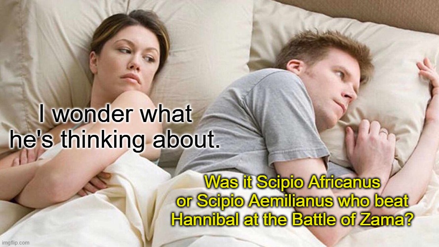 Men and their daily thoughts | I wonder what he's thinking about. Was it Scipio Africanus or Scipio Aemilianus who beat Hannibal at the Battle of Zama? | image tagged in i bet he's thinking about other women,roman empire,rome | made w/ Imgflip meme maker