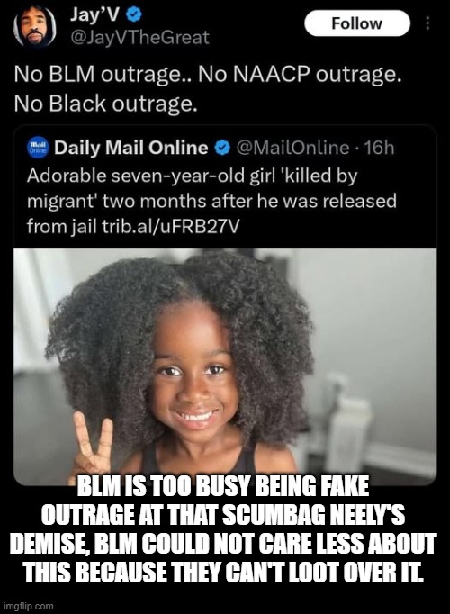 No Sharpton? No BLM?  No Obama, he has daughters that looked like this.. funny how that goes. | BLM IS TOO BUSY BEING FAKE OUTRAGE AT THAT SCUMBAG NEELY'S DEMISE, BLM COULD NOT CARE LESS ABOUT THIS BECAUSE THEY CAN'T LOOT OVER IT. | image tagged in political meme,funny not funny,sad,stupid liberals,truth,donald trump approves | made w/ Imgflip meme maker