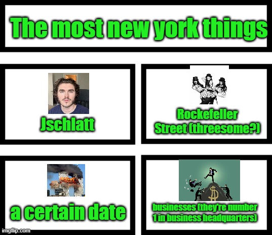 4 Horsemen of | The most new york things; Rockefeller Street (threesome?); Jschlatt; businesses (they're number 1 in business headquarters); a certain date | image tagged in 4 horsemen of | made w/ Imgflip meme maker