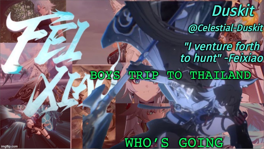 Off to thailand | BOYS TRIP TO THAILAND; WHO’S GOING | image tagged in duskit's feixiao template | made w/ Imgflip meme maker