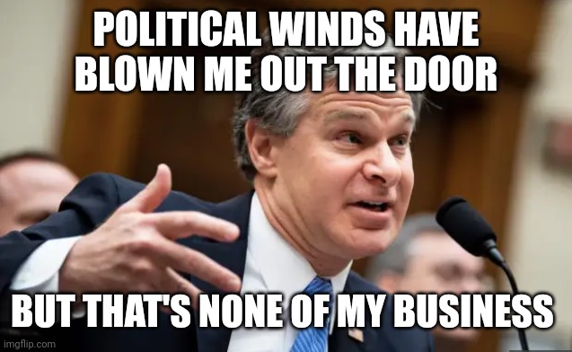 Chris Wray FBI | POLITICAL WINDS HAVE BLOWN ME OUT THE DOOR BUT THAT'S NONE OF MY BUSINESS | image tagged in chris wray fbi | made w/ Imgflip meme maker