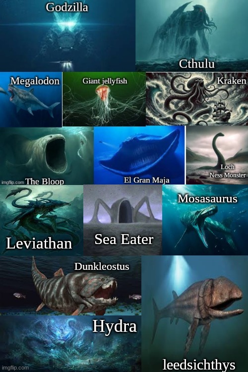 i expanded it, now who comes out of that tank alive | Mosasaurus; Sea Eater; Leviathan; Dunkleostus; Hydra; leedsichthys | made w/ Imgflip meme maker