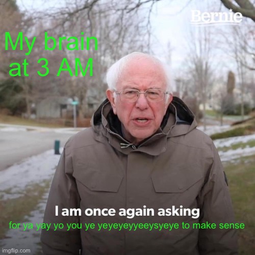 Bruh | My brain at 3 AM; for ya yay yo you ye yeyeyeyyeeysyeye to make sense | image tagged in memes,bernie i am once again asking for your support | made w/ Imgflip meme maker